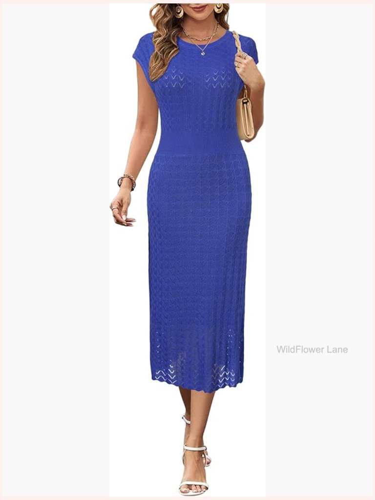 Women Midi A-Line Summer Sweater Dress Cap Sleeve Hollow Knit Business Casual